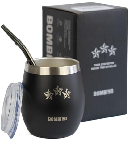 Bombiya Mate Argentino Edición 3 Estrellas – Kit Mate con taza mate, bombilla con filtro y una tapa plástica para la yerba – Doble pared de acero inoxidable – Ideal para regalar