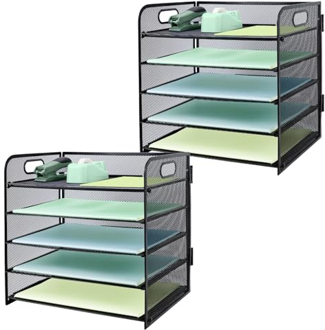 Papier-Briefablage mit Griff, 5 Etagen, Metallgitter, Schreibtisch-Organizer, A4-Papierablagen, Schreibtischablage, ordentlicher Zeitschriftenhalter für Zuhause, Büro, 2 Stück, Schwarz