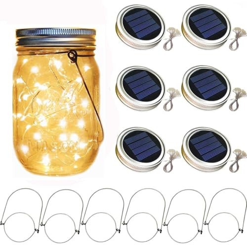 Solar Garden Lights, Mason Jar Lid Light, 6 Pack Hanging Lantern LEDs String Lights Waterproof Fairy Lights (No Jars Included) Dusk to Dawn Decorative Lights for Indoor/ Outdoor Wedding (Warm White)