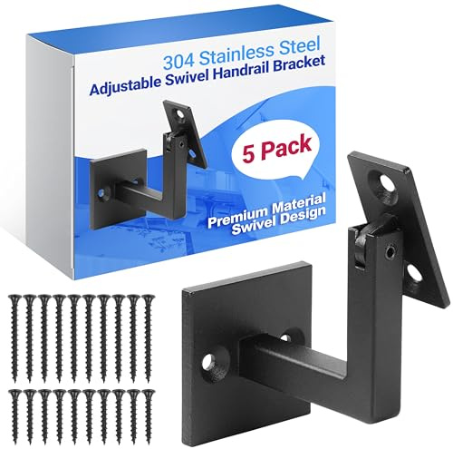 XMZ-ddup 5 Pack 304 Stainless Steel Adjustable Swivel Handrail Bracket for Staircase , Square Stair Railing Bracket (Black)