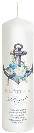 Liamoria® Hochzeitskerze Anker der Liebe mit Namen und Datum - Modell Mirka - mit Blumen und geschwungene Ringe (25 x 8 cm)