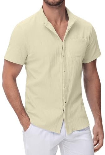 YAOHUOLE Chemise en Lin Homme Été Manche Courte Chemise Lin Homme Col Mao Kaki M