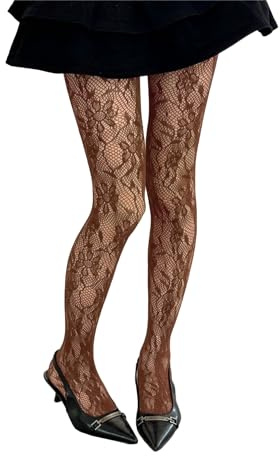 Milumia Women's Floral Lace Tights Y2k Patterned Fishnet Pantyhose Sexy Stockings Coffee Brown One Size