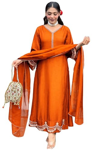 GoSriKi Women's Rayon Viscose Anarkali Embroidered Kurta with Pant & Dupatta, Orange, L