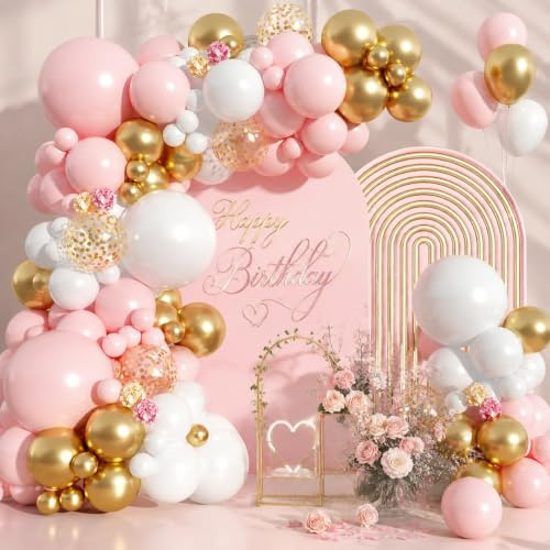 Kit Arco Globos Rosa Oro y Blanco, 105 Piezas Globos de Cumpleaños, Arco de Globo Blancos para Baby Shower Niña Decoracion Cumpleaños, Guirnalda Globo Rosa Pastel y Oro Metálico para Bautizo Niña Boda