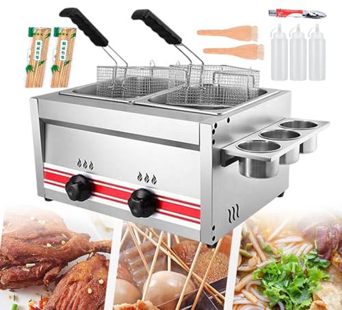 Friteuse à gaz professionnelle, friteuse traditionnelle avec panier de comptoir en acier inoxydable, friteuse de cuisine avec support à condiments et bouteilles de sauce, pour poulet frit, 20 L