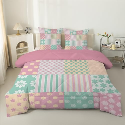 Linfye Gestreiftes Patchwork Bettdecke 155x220 4 Jahreszeiten, Wende Steppdecke 155x220 Niedliches Patchwork Ganzjahresdecke Bettdecken, Weiche Schlafdecke Waschbar Duvet mit 2 Kissenbezug 80x80cm