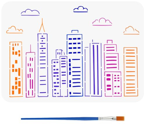 FINGERINSPIRE Cartoon Graffiti Skyline Schablone Mit Pinsel 21x29.7cm Cartoon Stadtbild Vorlage Stadtgebäude Muster Malschablone Stadtbild Skyline Vorlage Zum Malen Auf Holzwänden