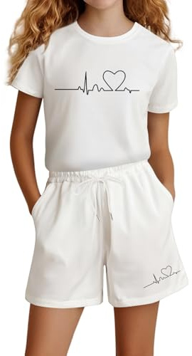 T-Shirt e Pantaloncini Bambine Ragazze 2 Pezzi Estivo Tuta Corti Comodo Tute da Ginnastica Jogging Fitness Tuta da Sportivo in Cotone Abbigliamento da Bambina per il Tempo (02-White, 13-14 Years)