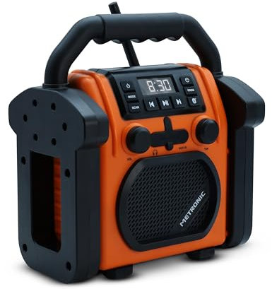 Metronic 477227 - Radio de Obra FM Bluetooth, función powerbank, Resistente a Golpes, Polvo y Salpicaduras, Naranja