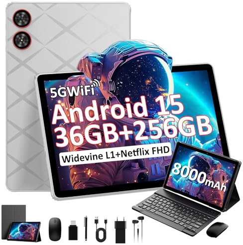 TIGERFU 2025 Newest Tablet 11 Pulgadas, Android 15 Tablet con 36GB+256GB+2TB Expandible, Octa-Core, 2000 x 1200 Incell, 13MP+8MP, 8000mAh, 5G/2.4G WiFi, GPS, Widevine L1, Tablets con Teclado - Gris