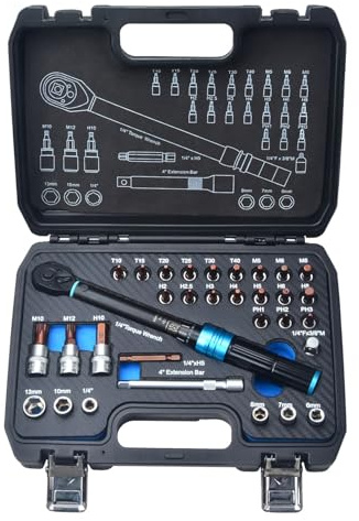 Zoomtools 32-teiliges verstellbares Fahrrad-Drehmoment-Ratschenschlüssel-Set, 6,35 mm (1/4 Zoll), 5–25 Nm ± 3 % Fehlergenauigkeit, mit 1 x 10,2 cm Verlängerungsstange, 6–7–8–10–13 mm Stecknüsse für