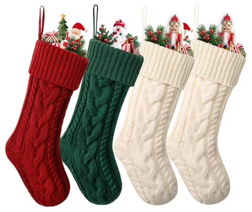 Duosheng & Elegant Gestrickter Weihnachtsstrumpf Set 4er Groß 46 cm Nikolausstrumpf für Kamin Weiß Rot Grün Weihnachtsdeko Strumpf für Familie/Kinder