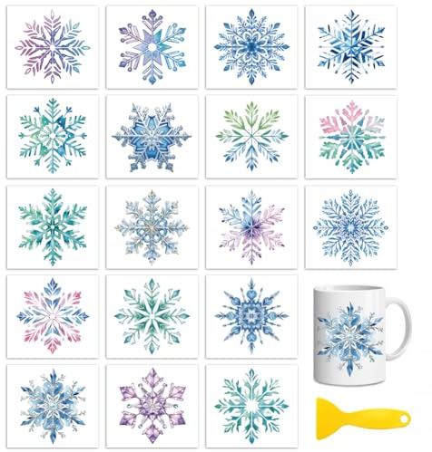 Peacoblue Rub on Aufkleber,Winter-Schneeflocken Transfersticker UV DTF | 18 Blatt wasserfeste UV DTF sticker Rub On Folien für Holz, Glas, Metall, Becher, Spiegel und DIY Wohndekoration