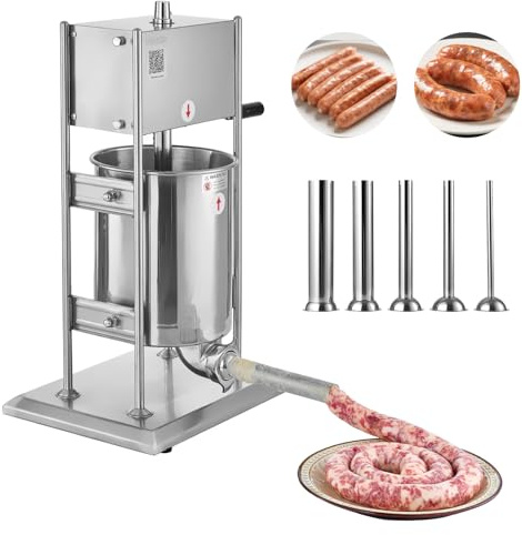 VEVOR Poussoir à Saucisses Manuel Capacité 10 L, Machine à Saucisses Verticale en Acier Inoxydable, Ensacheuse à Double Vitesse, avec 5 Tubes de Remplissage, pour Cuisine, Domicile, Restaurant
