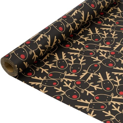 Rouleau de papier cadeau noir : Papier cadeau kraft recyclable à motif tête de renne - 43 cm x 15 m