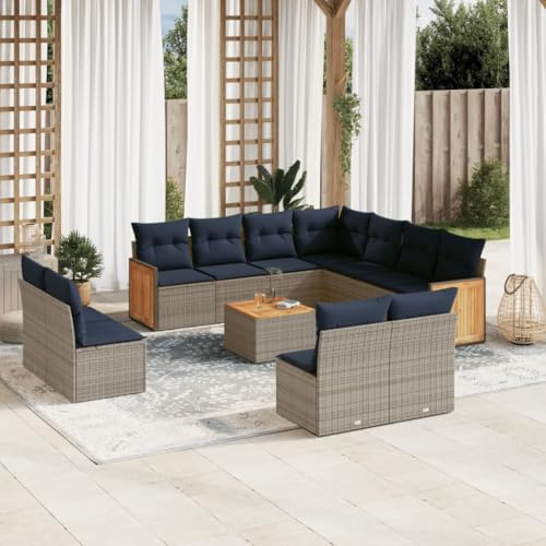 Teenpull 12-teiliges Gartensofa-Set, Grau Polyrattan Outdoor-Möbel mit Marineblauen Kissen, Modulares Loungeset für Terrasse und Balkon, UV-beständig, 110 kg Tragkraft pro Sitz