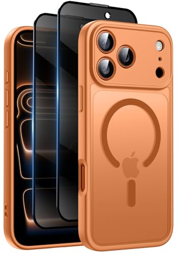 Qasyfanc for iPhone 17 Pro Case, Privacy Screen Protectors X2, Orange | Compatible with MagSafe, Cameratection, Military-Grade Protection, Translucent Matte Shockproof Phone Cover