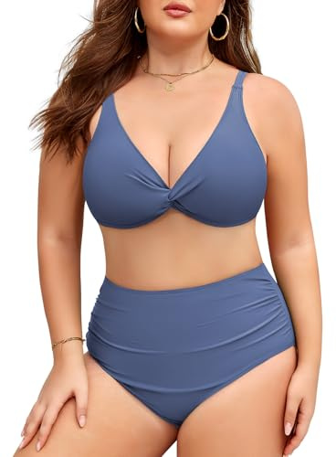 Vijamiy Costume Donna Due Pezzi Taglie Forti Vita Alta Costumi da Bagno Curvy Controllo Addominale Sexy Scollo a V Push Up Bikini L-4XL (Azzurro Cielo,XXL)