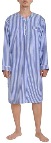 Latuza Men's Cotton Nightshirt Long Sleeve Sleep Shirt with Pocket, Blue Stripe, X-Large