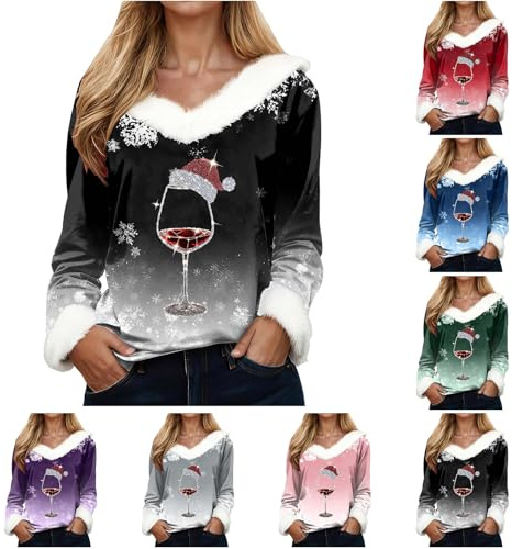 Pull De Noel Femme Col V Fourrure Manches Longue Imprimé Tee Shirt Décontracté Sweatshirt Mode T Shirt Christmas Elégant Tenue Fourrure Sexy Haut Noel Chemise Femme Rigolo Noël Adulte Beau (XXXL)