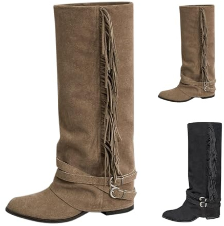 Damcowboy stövlar med fransar stövlar med klack, vikt över västerländska stövlar, slouchy vida stövlar, mode skaftstövlar, bekväma slip-stövlar, breda fötter, damstövlar, lediga vinterstövlar, kaki