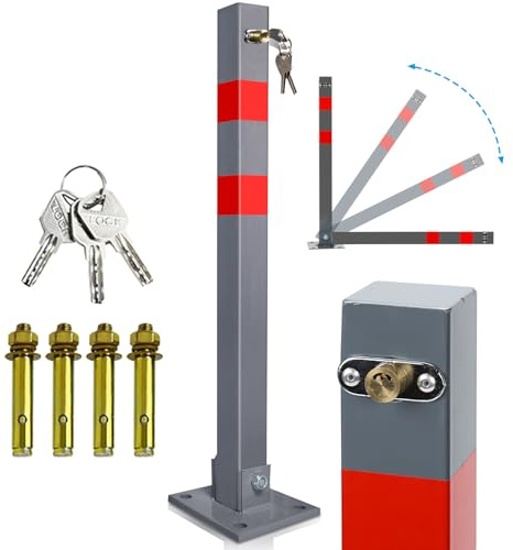 Hebitod Barrière de parking pliable, poteau de blocage manuel avec 3 clés et 4 vis d'expansion, poteau de stationnement en acier robuste avec bandes réfléchissantes