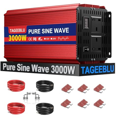 TAGEEBLU Pure Sine Wave Power Inverter 3000w DC 12V to AC 240V Voltage Converter with 2 AC Outlets,for Motorhomes,Trucks,Boats,Camping,6000W Peak Power