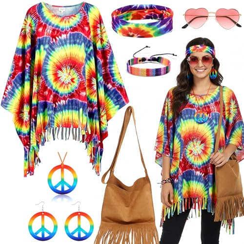 Xietaea Hippie Kostüm Damen Set - 60er 70 er Jahre Outfit Accessories mit Brille Halskette Ohrringe, Flower Power Bekleidung Poncho für Karneval Fasching Party Halloween