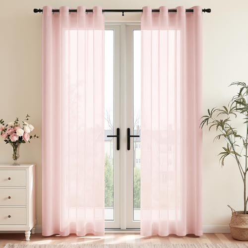 Vangao Gardinen mit Ösen Voile Lichtdurchlässig 2er Set H225 x B140 cm Rosa | Stores Vorhänge Lichtdurchlässig Pink, Wohnzimmer Fenster Schlafzimmer Kinderzimmer Mädchen, Living Room Sheer Curtains