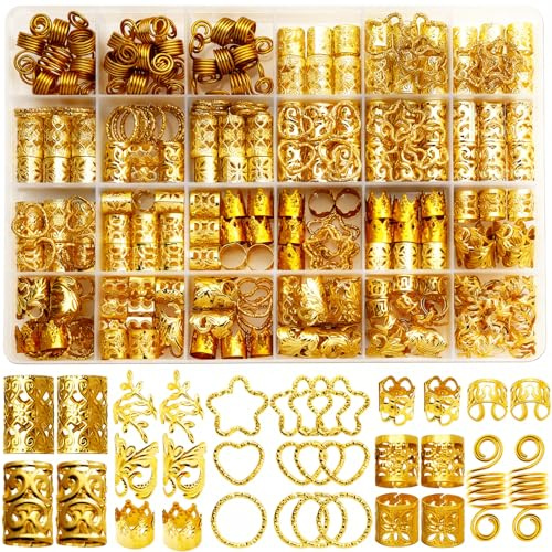 Lot de bagues pour cheveux en métal pour dreadlock, avec manchons tubulaires creux sculptés (multi-motifs) en spirale à ressort pour tresses de boxeur, coiffures mi-hautes, cosplay/styles afro