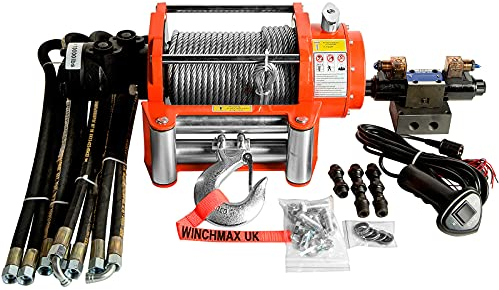 WINCHMAX 10000lb (4536kg) Original orangefarbene hydraulische Seilwinde, 25m x 9,5mm verzinktes Stahldrahtseil, 3/8 Zoll Stahl-Gabelhaken, vollständiges CETOP3-Hydrauliksteuerungssystem