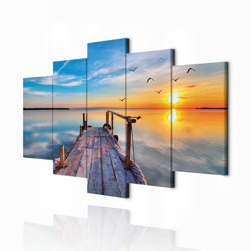 decomonkey Bilder Landschaft 200x100 cm XXL 5 Teilig Leinwandbilder Natur | Bild auf Leinwand, Wandbild, Kunstdruck, Wanddeko, Wohnzimmer, Wanddekoration, Meer