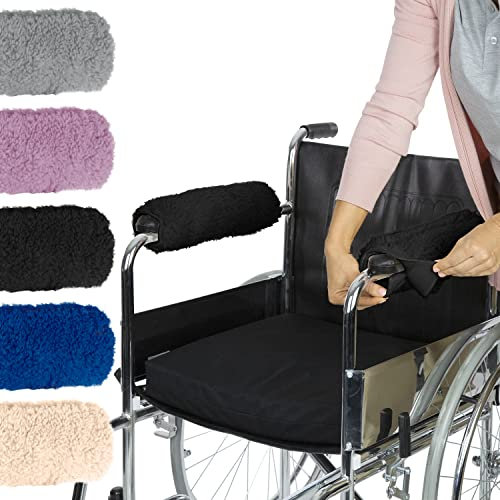Vive Wheelchair Armrest Cover (Pair) - Memory Foam Sheepskin Pad for Office & Transport Chair - Soft Support Cushion Accessories for Padded Arm Rest, Kids, Adults (Black)
