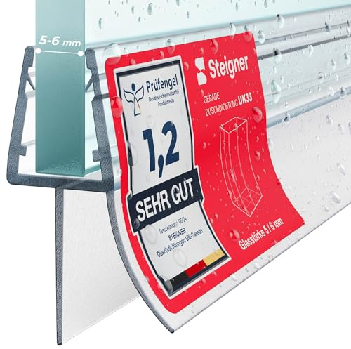 STEIGNER Duschdichtung UK33 Gerade 90 cm 1 Stk, Glas 5-6 mm, Transparent | Dichtung für Eckeinstieg Dusche oder Fünfeckdusche mit Duschtür - Schutz gegen Auslaufen, Einfache Montage, Perfekte Passform
