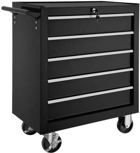tectake® Robust Tool Cabinet on Wheels, 5 Lockable Drawers, Anti-Slip Mats, and Parking Brakes. Made from Powder-Coated Steel, a Versatile Storage Box for Tools and Equipment - black