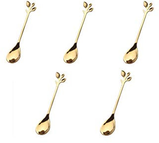 Weiqiao® - Cucchiaini da caffè dorati in acciaio inossidabile a forma di foglia, decorazione vintage per cucina, bar, tè, 5 pezzi