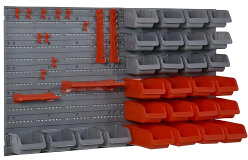 DURHAND Organizador de Herramientas de Pared 44 Piezas 95x54cm Gris y Rojo | Estantería de Pared para Herramientas, 28 Cajas Apilables, Diferentes Ganchos