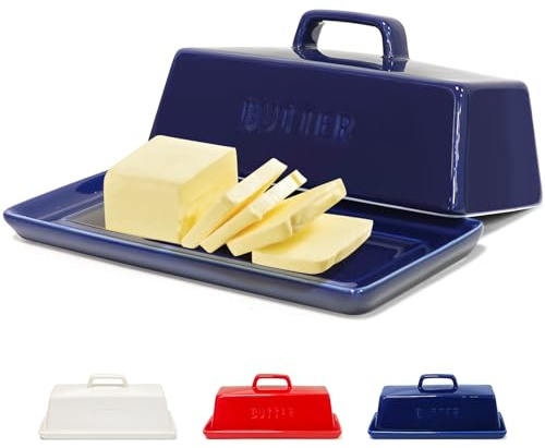 Gute Butter Dish with Lid for Countertop, Covered Ceramic Butter Dish, Butter Tray Storage for 1 Stick of Butter, Butter Keeper Container with Handle for Kitchen, Navy Blue