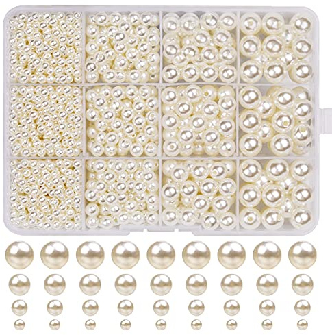 Zhenle 1 320 glaspärlor, beigefärgade plastpärlor, runda pärlor, krämvita imitationspärlor för smyckestillverkning, halsband, armband, smycken, hantverk (Ø 4, 6, 8, 10 mm)