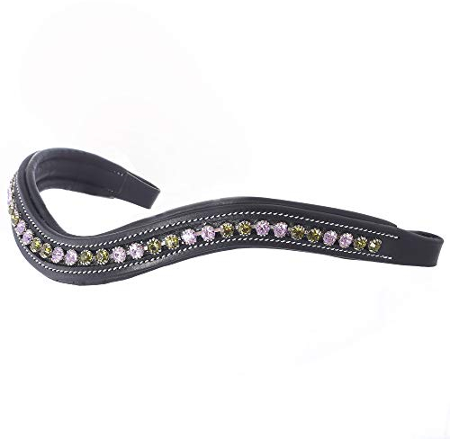 ExionPro gebogenes, gepolstertes Stirnband aus Olivin- & violettem Bling-Kristalllederzaumzeug|Mit Diamanten verzierte Bling-Stirnbänder |Größe – Full, Cob, Over, Pony|Farbe-Braun, Schwarz