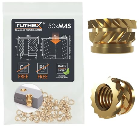 ruthex Inserto roscado M4 Short - 50 casquillos roscados de latón RX-M4Sx4.0 – tuerca para piezas de plástico – tuercas moleteadas para embutir en piezas de impresora 3D