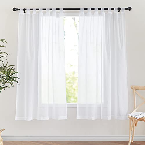 PONY DANCE Cortinas y Visillos Blancos 2 Piezas Visillos Cortos para Ventanas Salon/Dormitorio/Cocina Cortinas con Aspecto de Lino Cortinas Blancas Transparentes con Trabillas, 140x160cm