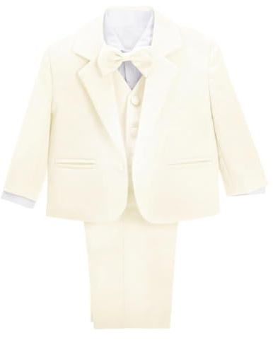Lito Angels Bebisar Pojkar Formell Klänning Kostym Bröllopsoutfit Kläder, 5 Stycken Set (Blazer, Skjorta, Väst, Byxor, Fluga) Ålder 12-18 månader, Elfenben, 057