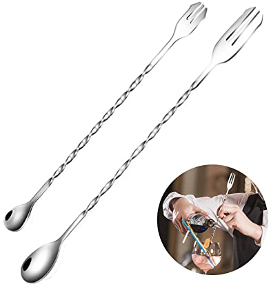 Cocktaillöffel aus Edelstahl, Barlöffel mit langem Griff, Cocktaillöffel für Barista aus Edelstahl, für Zuhause und Bar (32 cm, 26 cm)