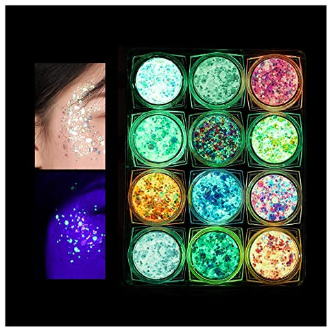 KUIRUNRX® Fluorescent Sequin,12 Farben Fluoreszierendes Glitzer Make-Up Glitzer Paillette,Glitzer Holographische Pailletten Set,Glow in the Dark Chunky Festival Glitzer Gel für Gesicht,Nagelde,Körper