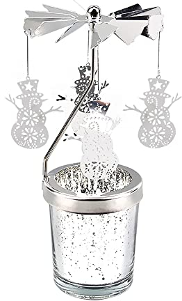 Surakey Windlicht Teelichtkarussel aus Glas Teelichthalter,Silber Karussell Teelichter Kerzenhalter,Motiv Schneemann Windlichter Teelicht Kerzen Halter Geschenk Dekoration für Hochzeit,Weihnachten