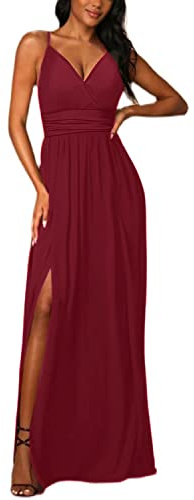 JENJON Femme Robe à Epaules Dénudées Col V Elegant Manches Courtes Casual Robes Solide de Vacances sans Manche Eté A-Rouge L