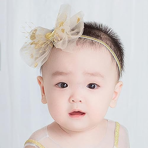 Bethynas baby girls Lace Bowknot Headband Gauze Bow Elastic Toddlers Hairband Birthday Party Princess Crown Heart Hair Accessories for Newborn Infant Baby (Gold)