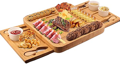 TRoki Elegantes Schneidebrett aus Bambus mit ausziehbarer Schublade und Käsemesser-Set – perfekt zum Bewirten und Servieren von Käse, Fleisch und mehr!